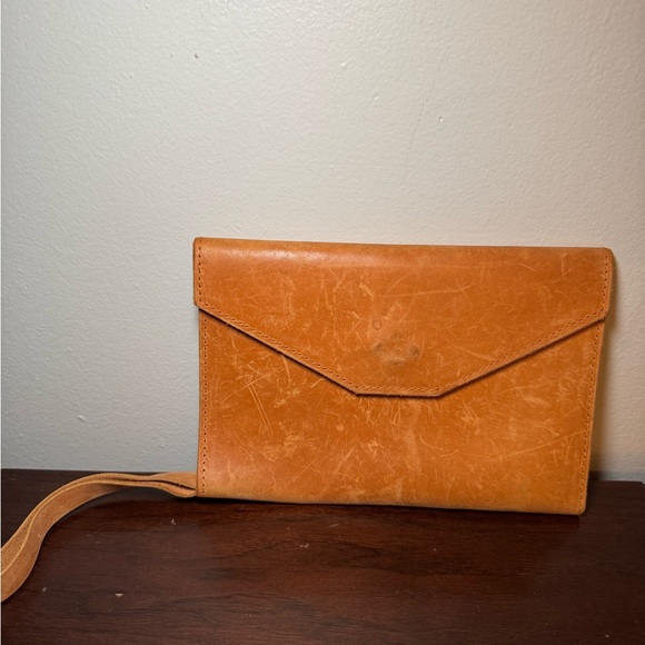 Tan Leather Envelope Clutch with Flap Closure - Picture 1 of 3